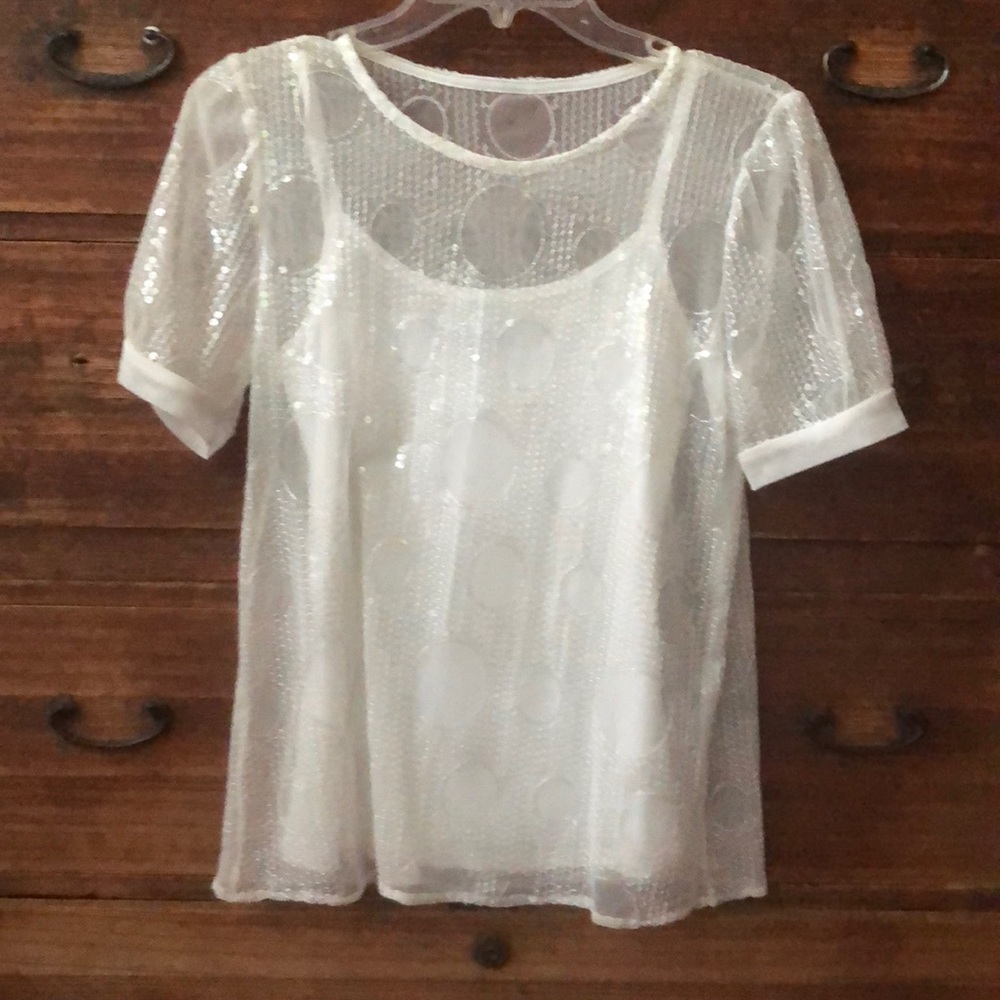 Sequined white dress shirt from Anthropologie